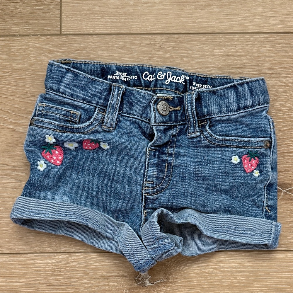 Cat & Jack Blue Denim Shorts with Strawberry Embroidery